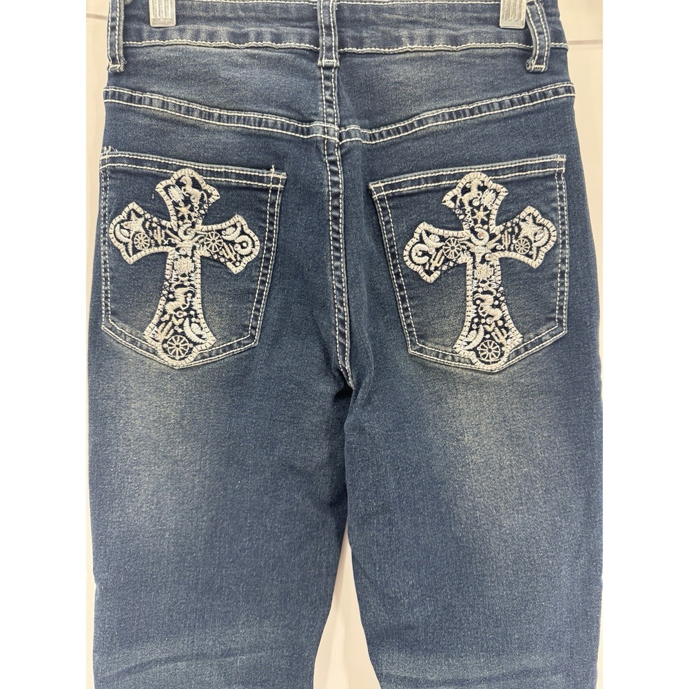Romwe Rhinestone Cross Patch Denim Jeans Midrise Flare Wide Leg XS 2 Embellished